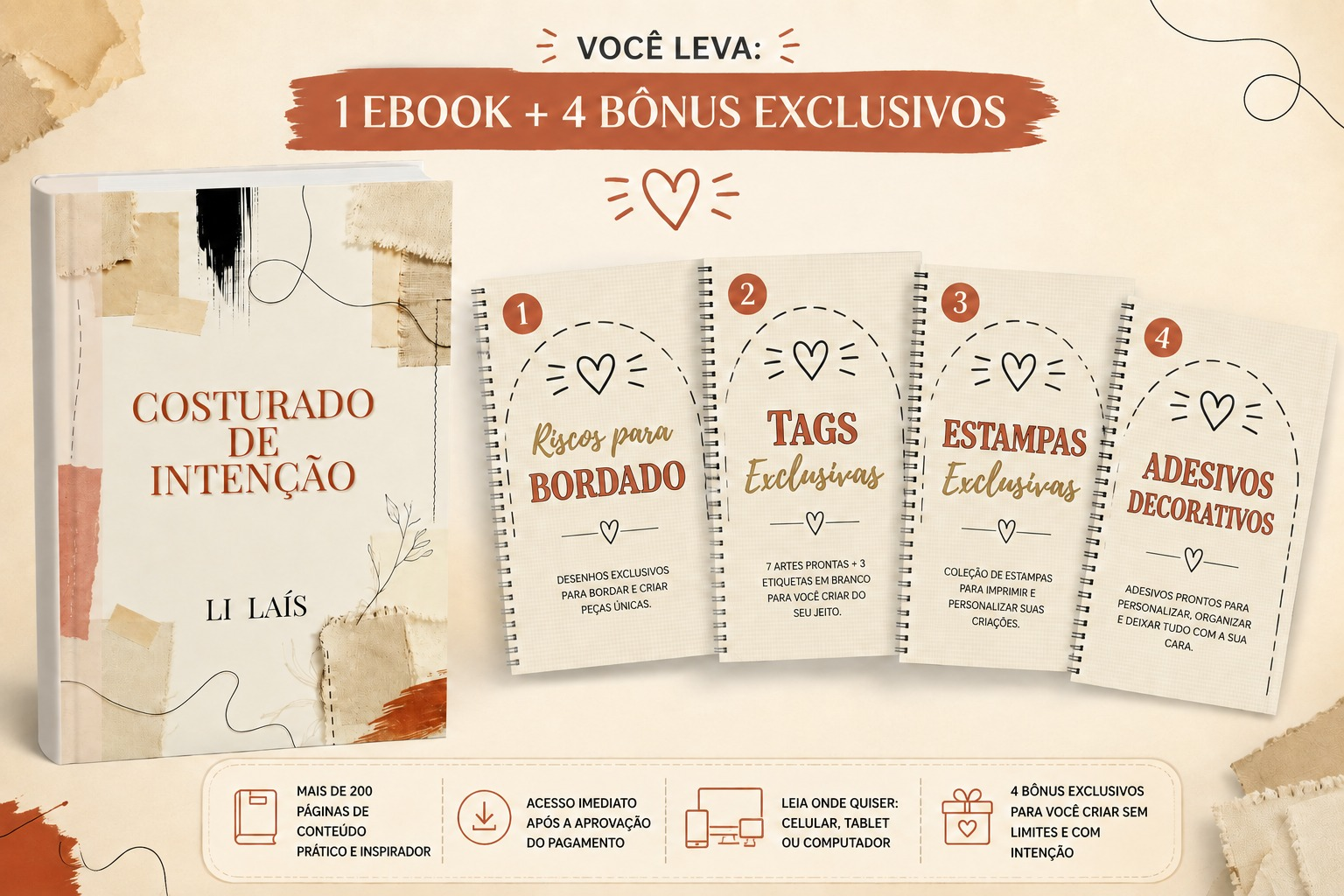 Você leva: 1 e-book mais 4 bônus exclusivos — riscos para bordado, tags, estampas e adesivos